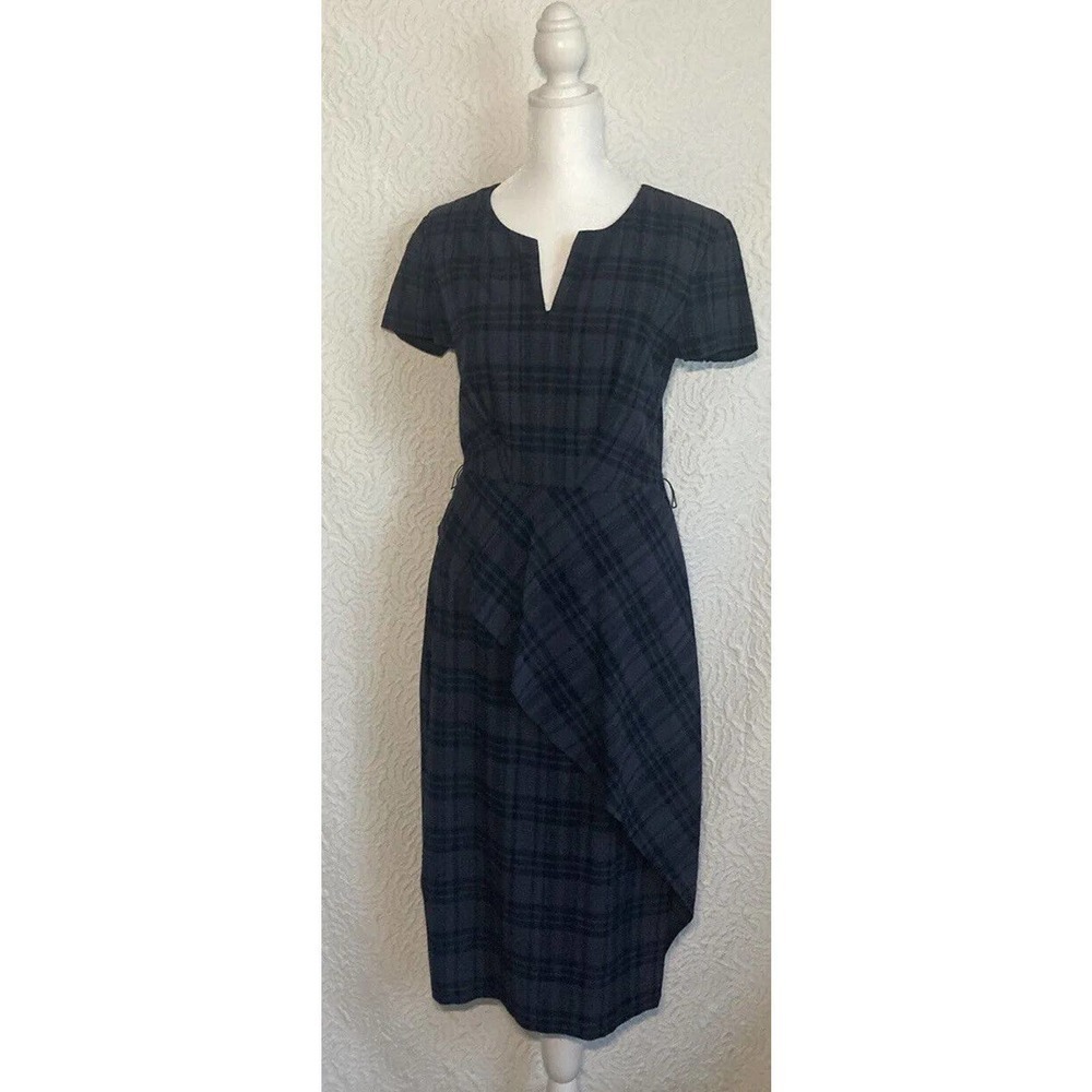 Banana Republic Womens Plaid Mod Ruffle Waist Pencil Dress Navy Blue Size 2